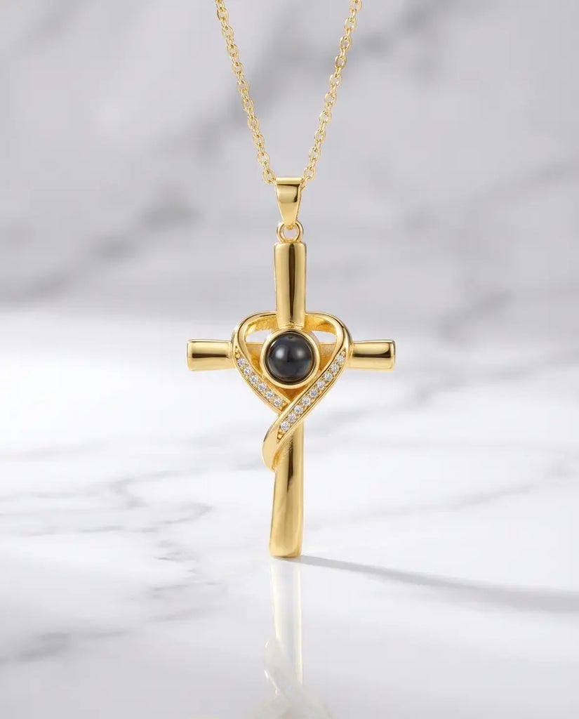 Personalized Photo Projection Necklace - Heart Wrapped Cross Pendant IfShe Jewelry