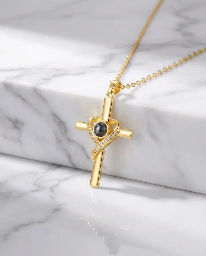 Personalized Photo Projection Necklace - Heart Wrapped Cross Pendant IfShe Jewelry