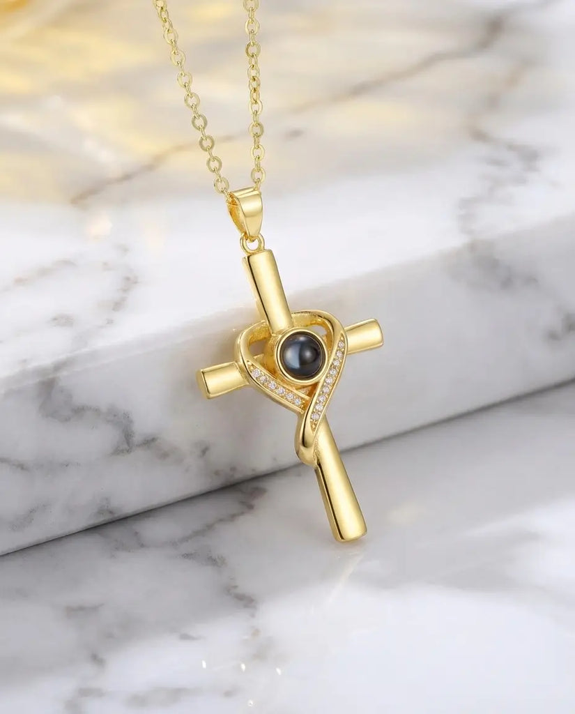 Personalized Photo Projection Necklace - Heart Wrapped Cross Pendant IfShe Jewelry