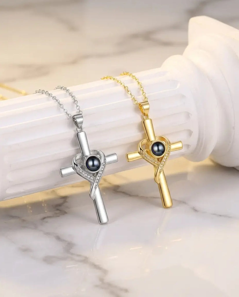 Personalized Photo Projection Necklace - Heart Wrapped Cross Pendant IfShe Jewelry
