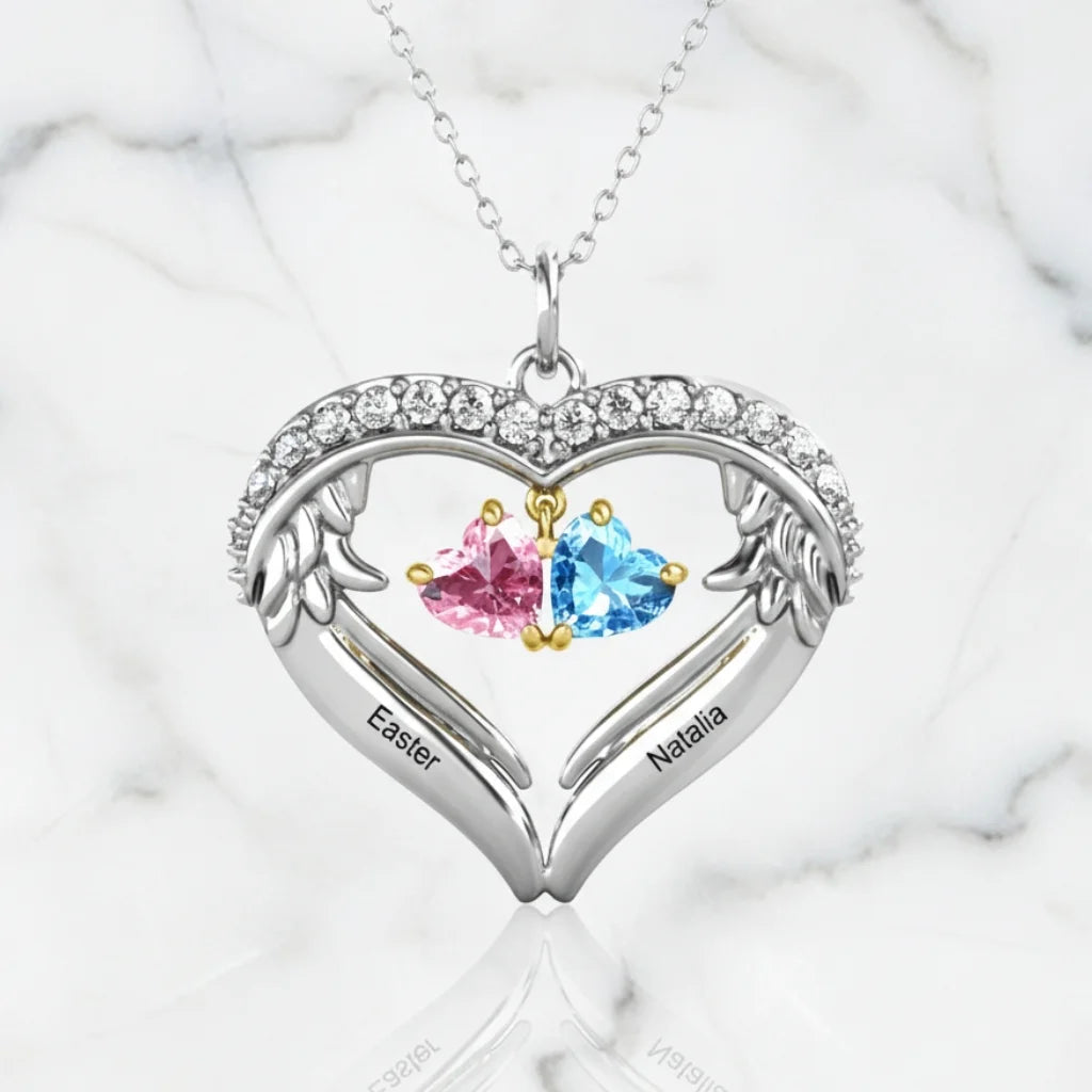Personalized Sterling Silver Heart Wing Birthstone Necklace – Custom Engraved Names