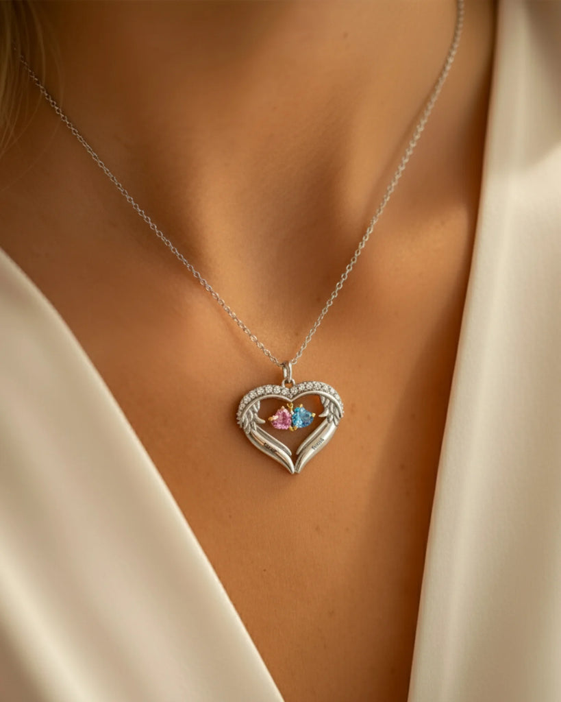 Personalized Sterling Silver Heart Wing Birthstone Necklace IfShe Jewelry