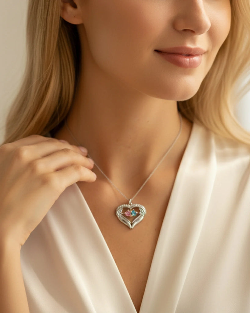 Personalized Sterling Silver Heart Wing Birthstone Necklace IfShe Jewelry