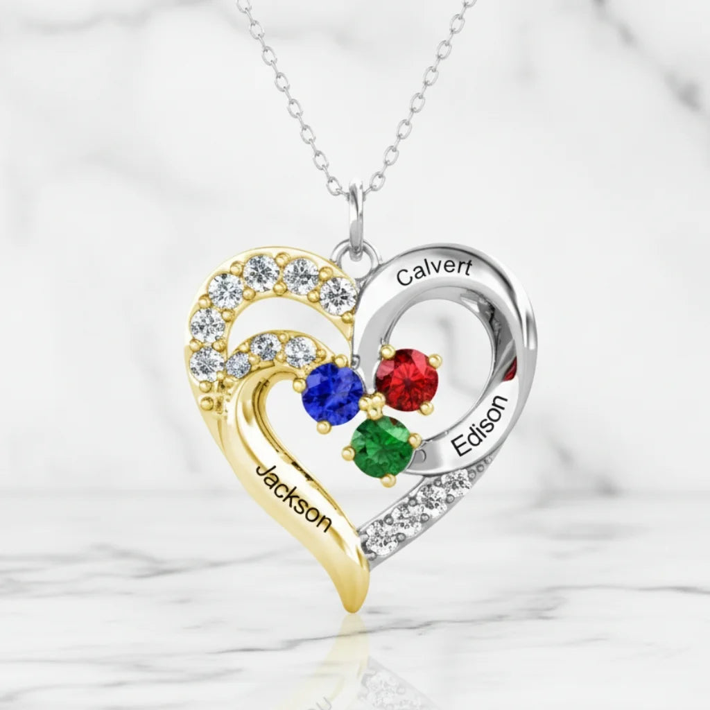 Personalized Two-Tone Heart Necklace: Engraved Names & Family Birthstones, Sterling Silver Gift for Mom