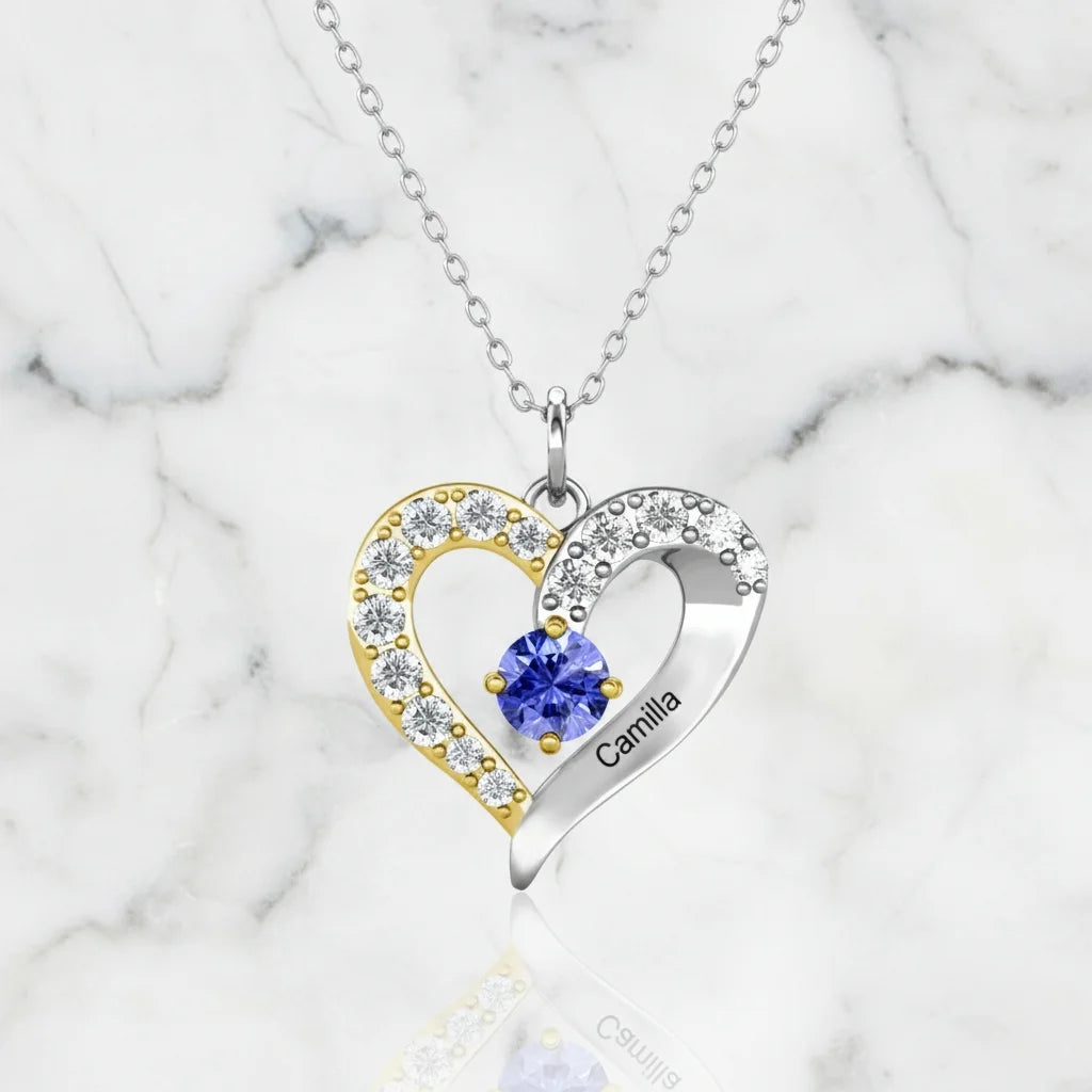 Personalized Two-Tone Heart Necklace: Engraved Names & Family Birthstones, Sterling Silver Gift for Mom