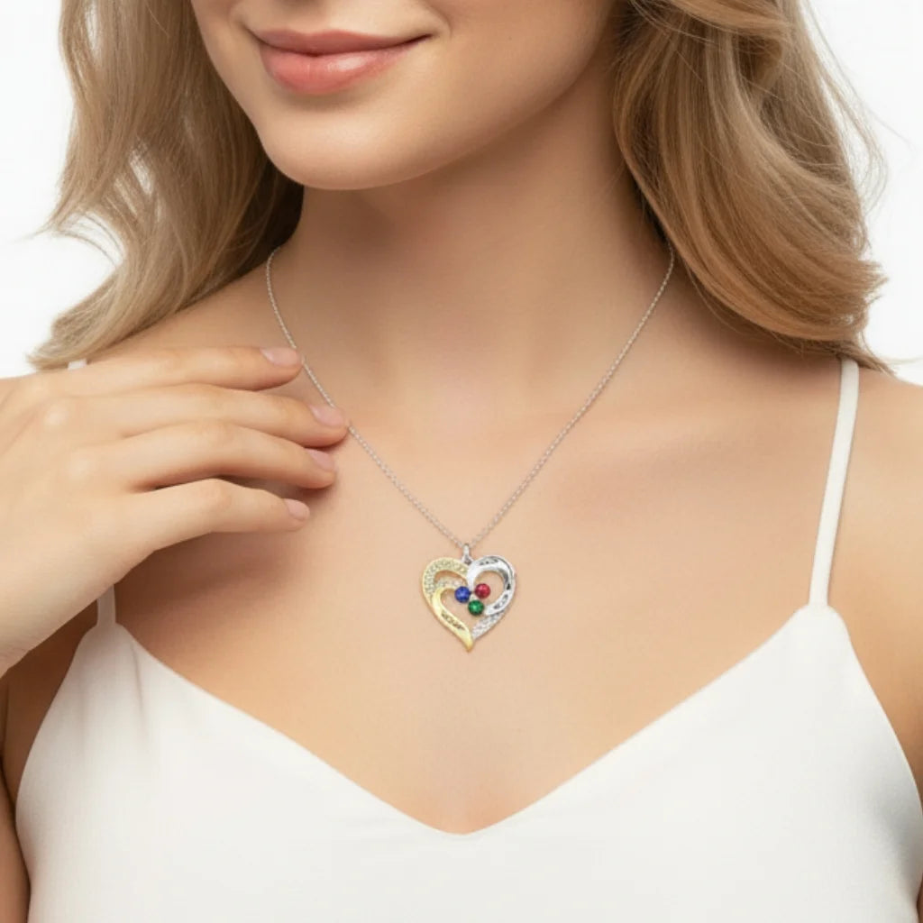 Personalized Two-Tone Heart Necklace: Engraved Names & Family Birthstones, Sterling Silver Gift for Mom