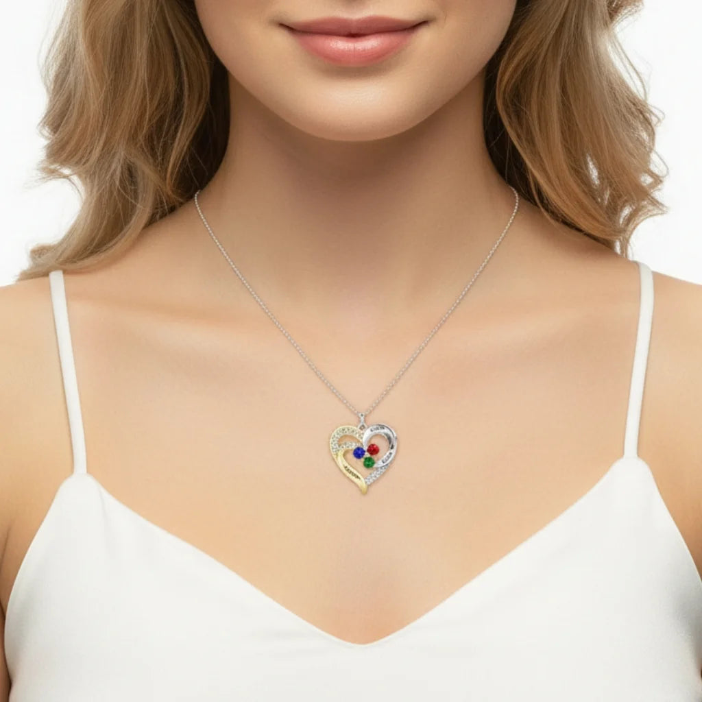 Personalized Two-Tone Heart Necklace: Engraved Names & Family Birthstones, Sterling Silver Gift for Mom