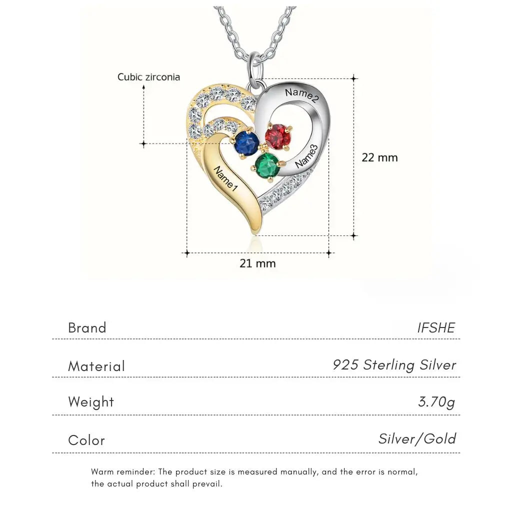 Personalized Two-Tone Heart Necklace: Engraved Names & Family Birthstones, Sterling Silver Gift for Mom