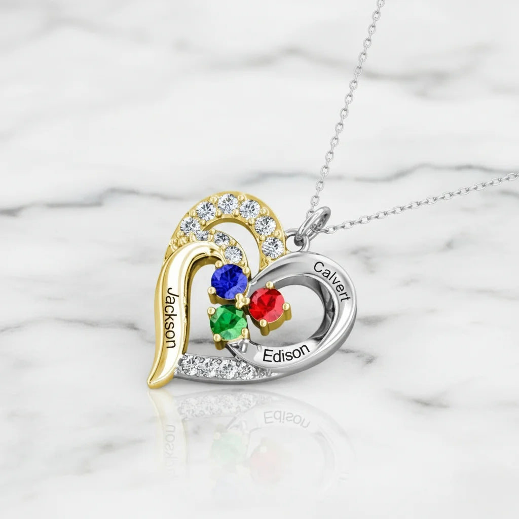 Personalized Two-Tone Heart Necklace: Engraved Names & Family Birthstones, Sterling Silver Gift for Mom