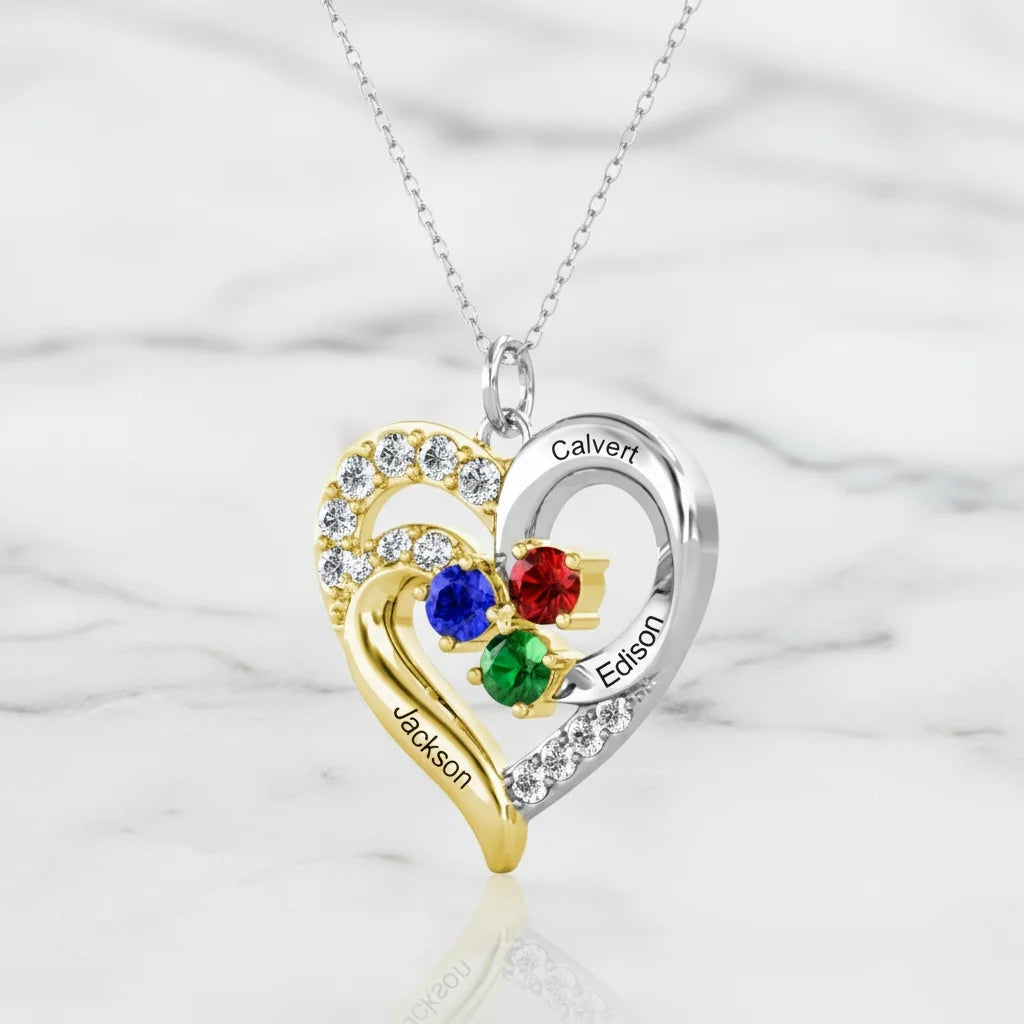 Personalized Two-Tone Heart Necklace: Engraved Names & Family Birthstones, Sterling Silver Gift for Mom