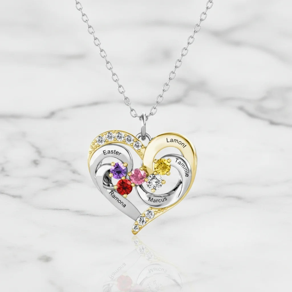 Personalized Two-Tone Heart Necklace: Engraved Names & Family Birthstones, Sterling Silver Gift for Mom