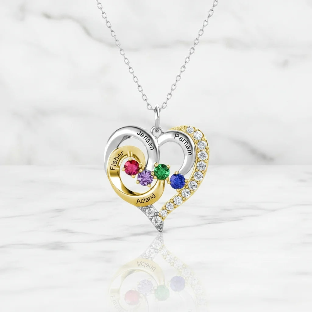Personalized Two-Tone Heart Necklace: Engraved Names & Family Birthstones, Sterling Silver Gift for Mom