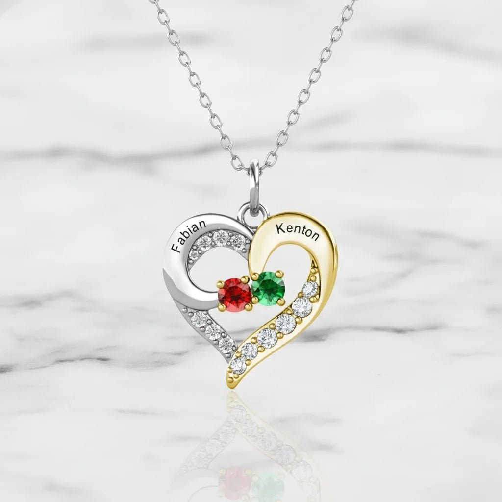 Personalized Two-Tone Heart Necklace: Engraved Names & Family Birthstones, Sterling Silver Gift for Mom