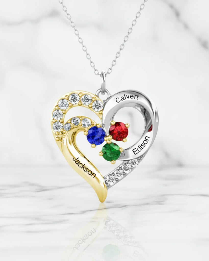 Personalized Two-Tone Heart Necklace: Engraved Names & Family Birthstones, Sterling Silver Gift for Mom IfShe Jewelry