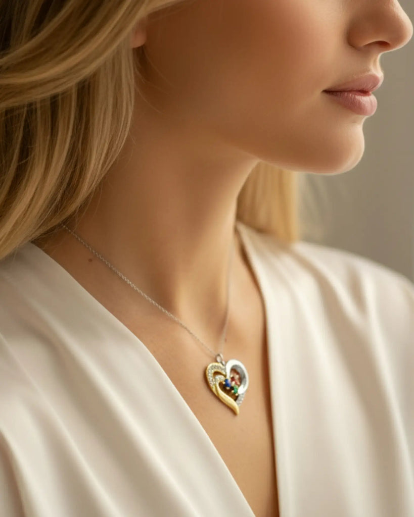 Personalized Two-Tone Heart Necklace: Engraved Names & Family Birthstones, Sterling Silver Gift for Mom IfShe Jewelry