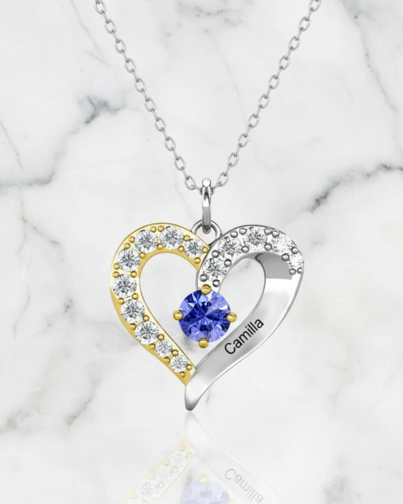 Personalized Two-Tone Heart Necklace: Engraved Names & Family Birthstones, Sterling Silver Gift for Mom IfShe Jewelry