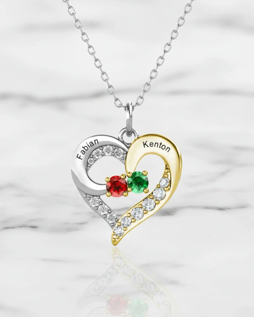 Personalized Two-Tone Heart Necklace: Engraved Names & Family Birthstones, Sterling Silver Gift for Mom IfShe Jewelry