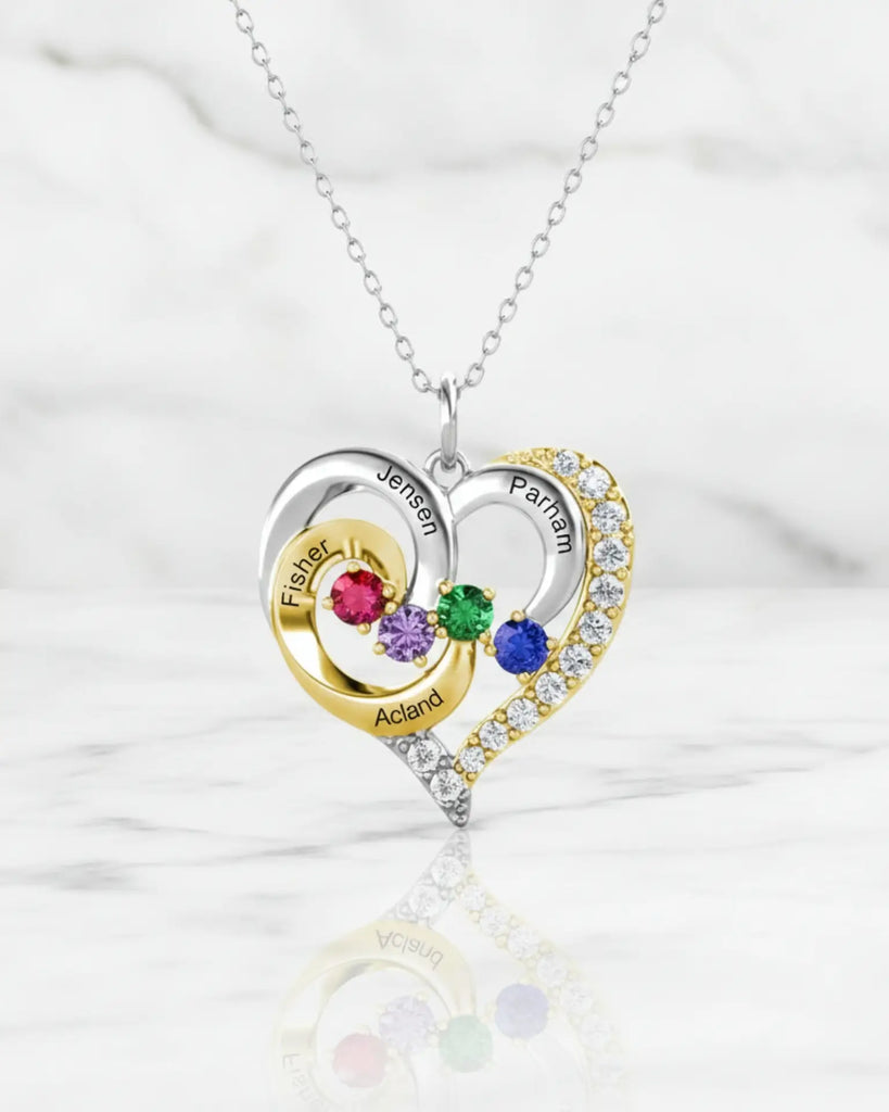 Personalized Two-Tone Heart Necklace: Engraved Names & Family Birthstones, Sterling Silver Gift for Mom IfShe Jewelry