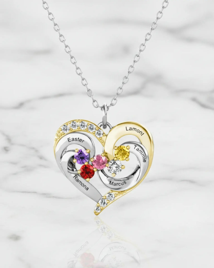 Personalized Two-Tone Heart Necklace: Engraved Names & Family Birthstones, Sterling Silver Gift for Mom IfShe Jewelry