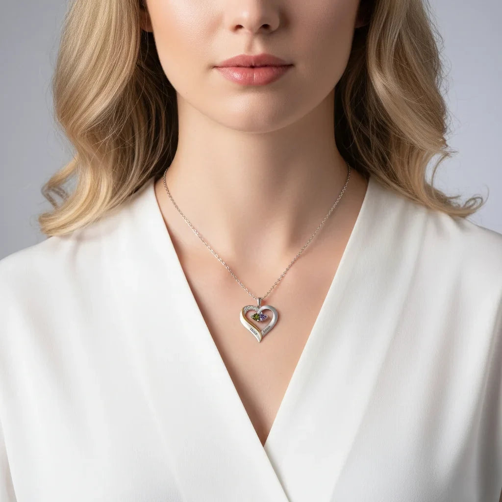 Sterling Silver Engraved Heart Necklace with Birthstones