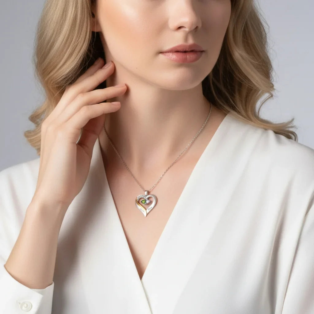 Sterling Silver Engraved Heart Necklace with Birthstones
