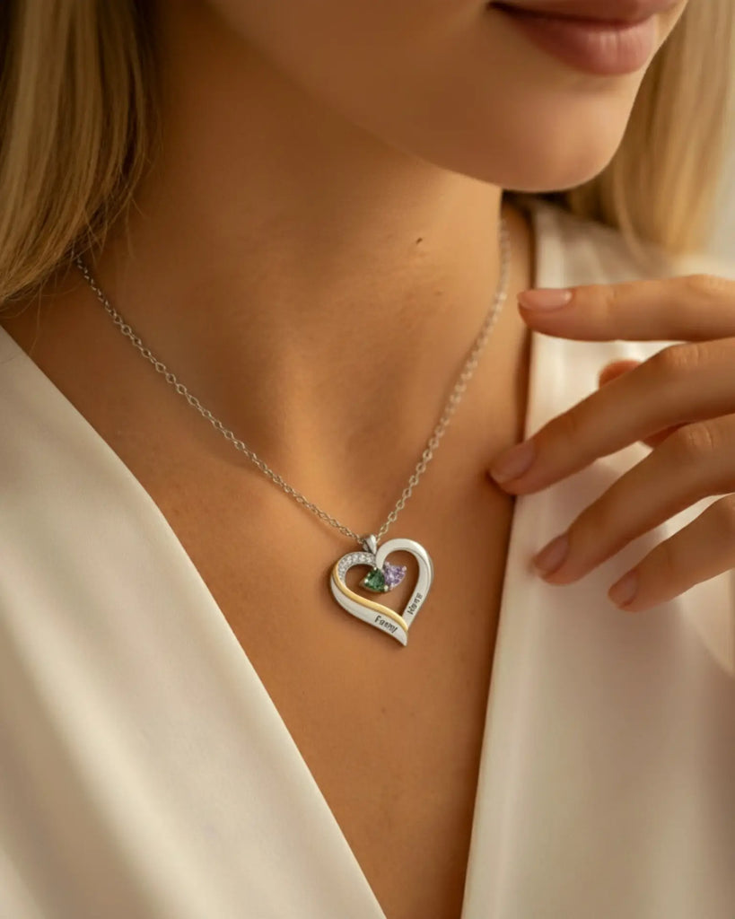 Sterling Silver Engraved Heart Necklace with Birthstones IfShe Jewelry
