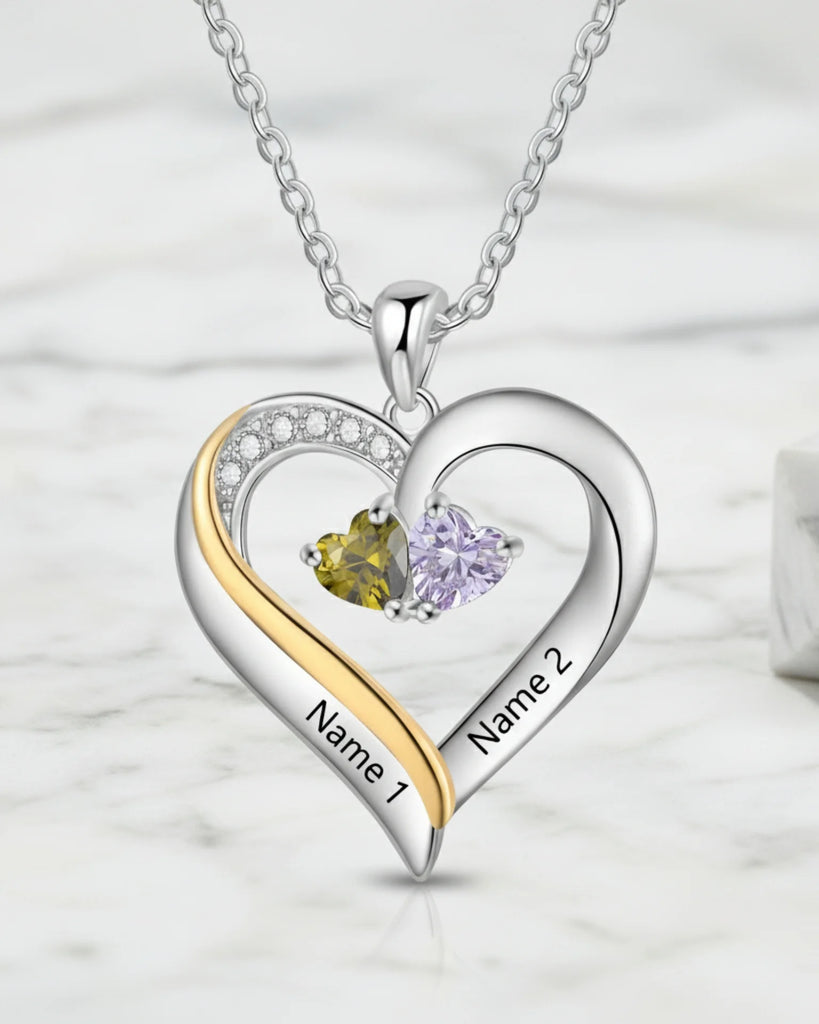 Sterling Silver Engraved Heart Necklace with Birthstones IfShe Jewelry