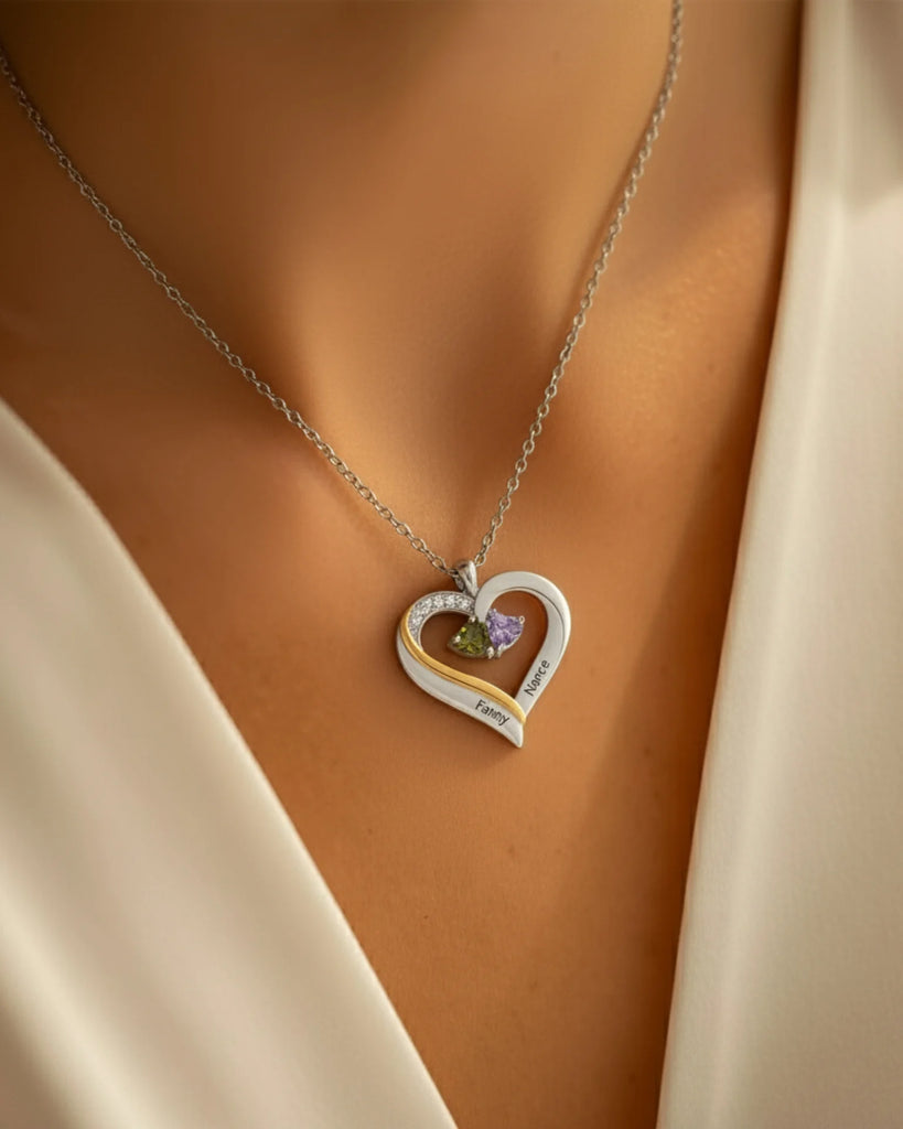 Sterling Silver Engraved Heart Necklace with Birthstones IfShe Jewelry