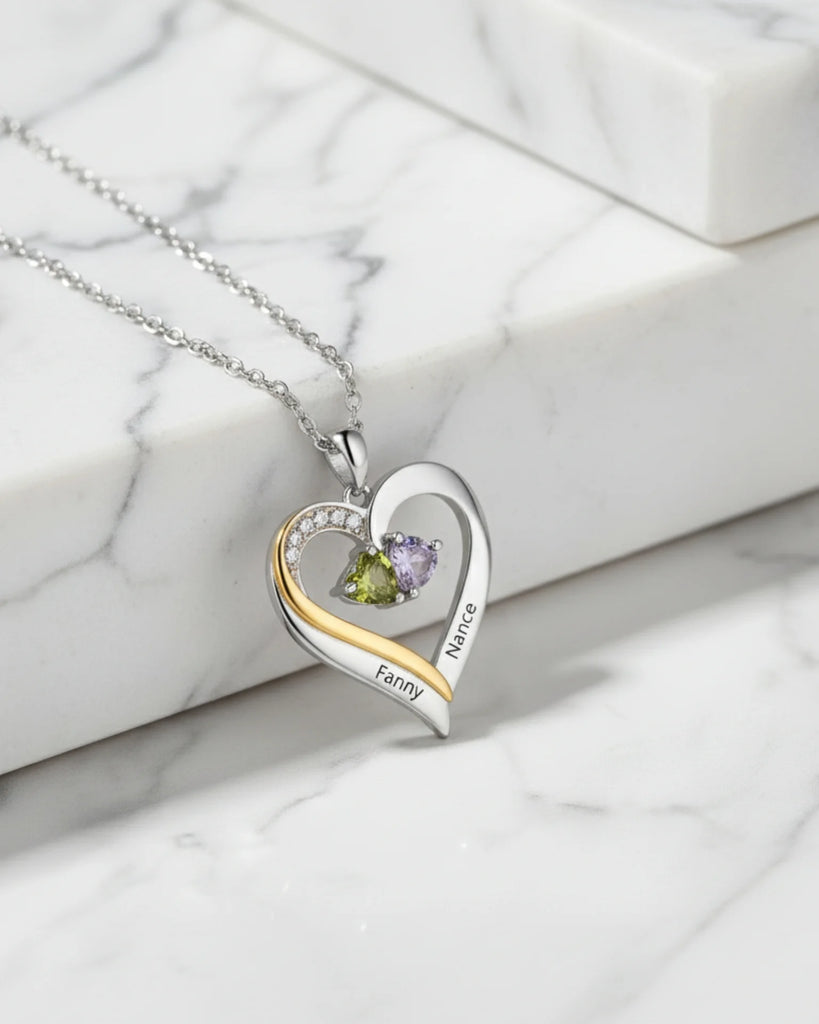 Sterling Silver Engraved Heart Necklace with Birthstones IfShe Jewelry