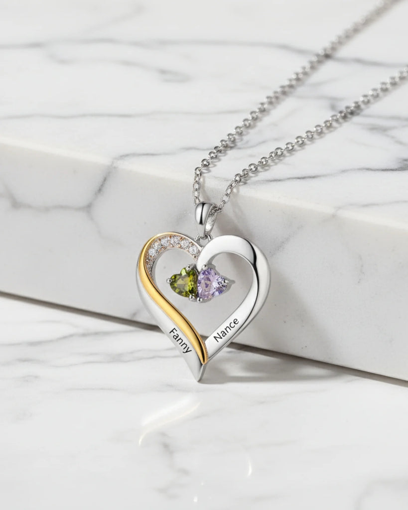 Sterling Silver Engraved Heart Necklace with Birthstones IfShe Jewelry