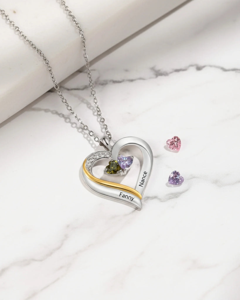 Sterling Silver Engraved Heart Necklace with Birthstones IfShe Jewelry
