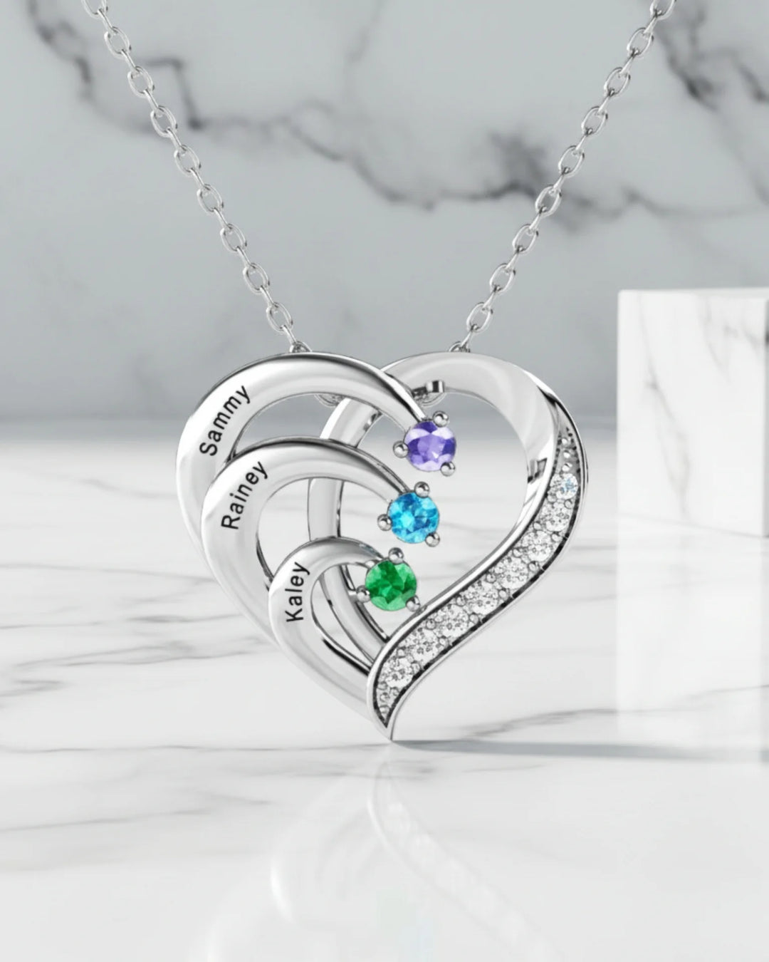 Sterling Silver Heart Name Personalized Necklace with 3 Birthstones