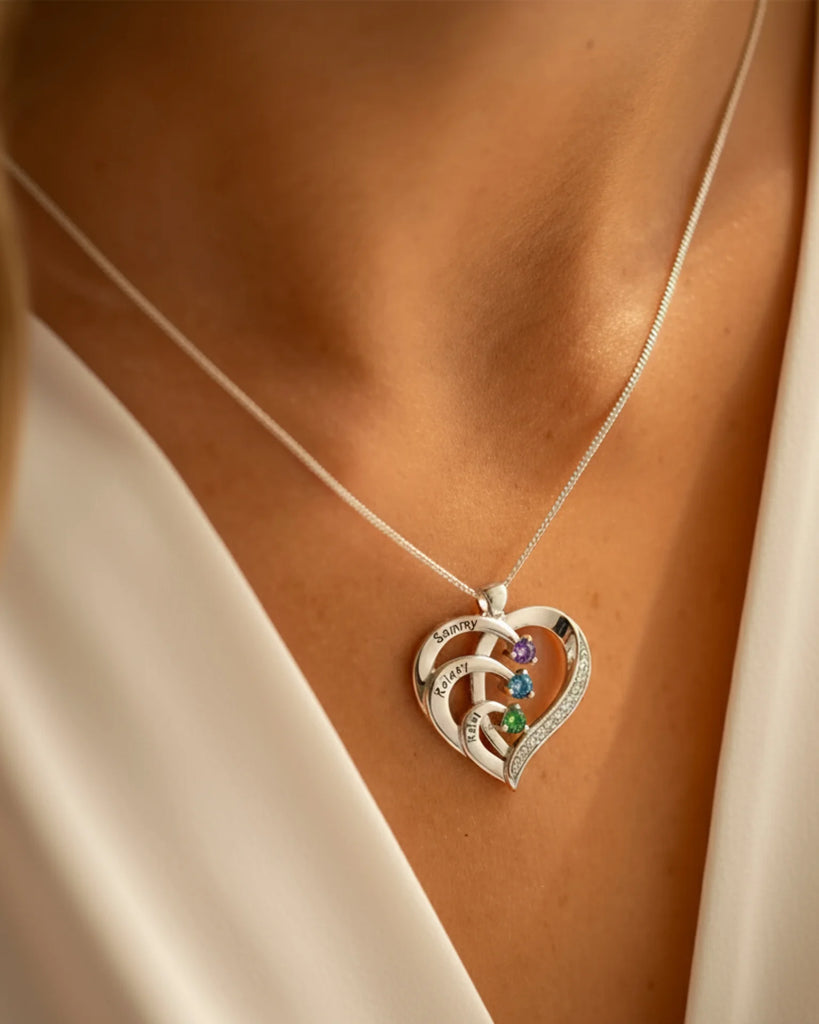 Sterling Silver Heart Name Personalized Necklace with 3 Birthstones