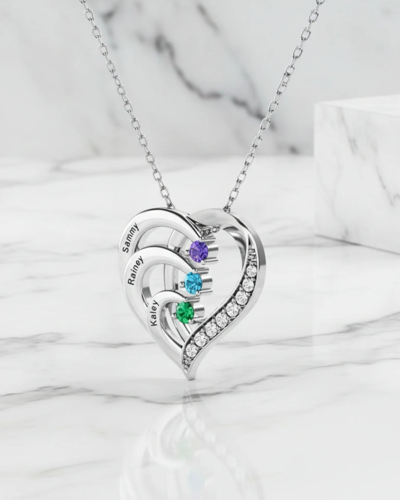 Sterling Silver Heart Name Personalized Necklace with 3 Birthstones