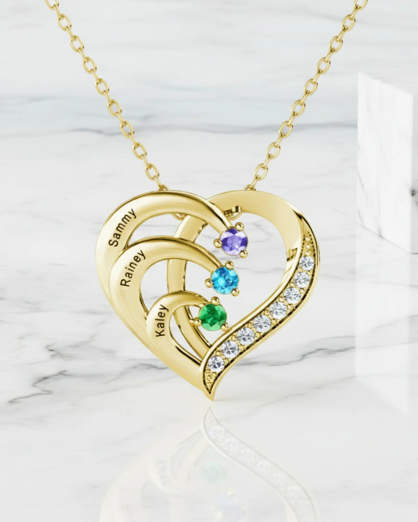 Sterling Silver Heart Name Personalized Necklace with 3 Birthstones