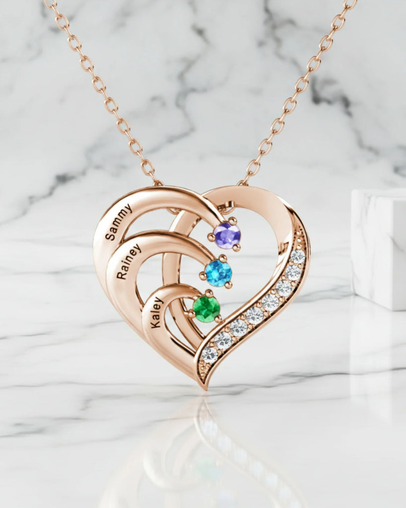 Sterling Silver Heart Name Personalized Necklace with 3 Birthstones