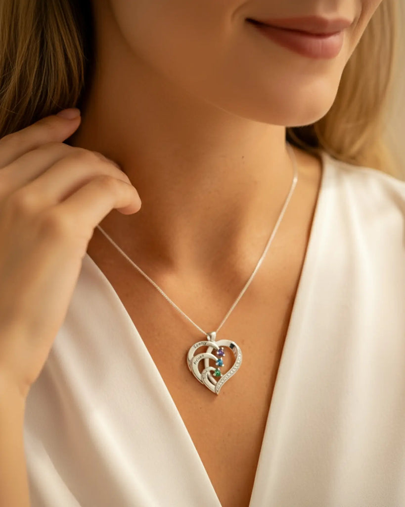 Sterling Silver Heart Name Personalized Necklace with 3 Birthstones IfShe Jewelry