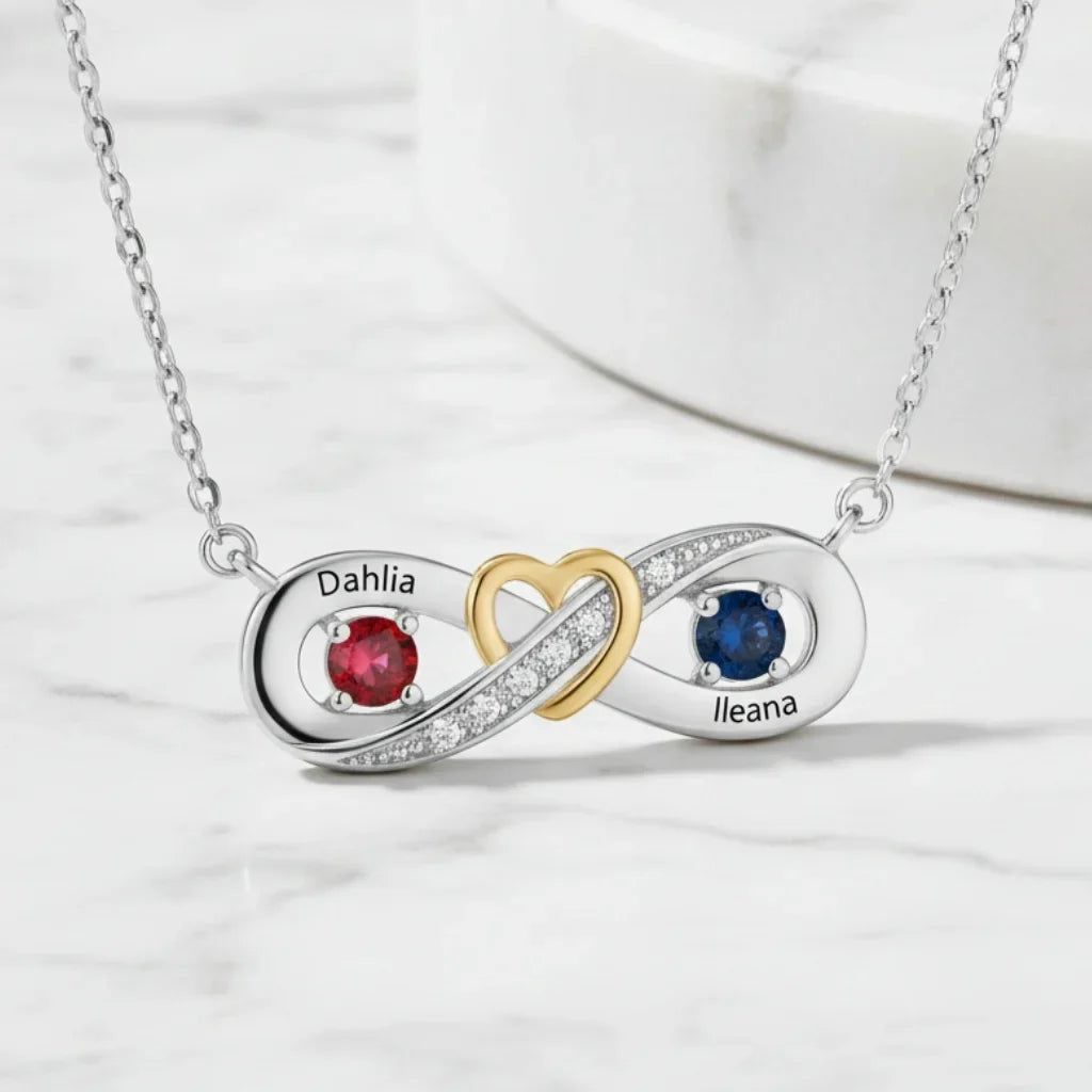 Sterling Silver Personalized Infinity Heart Birthstone Necklace with Engraved Names
