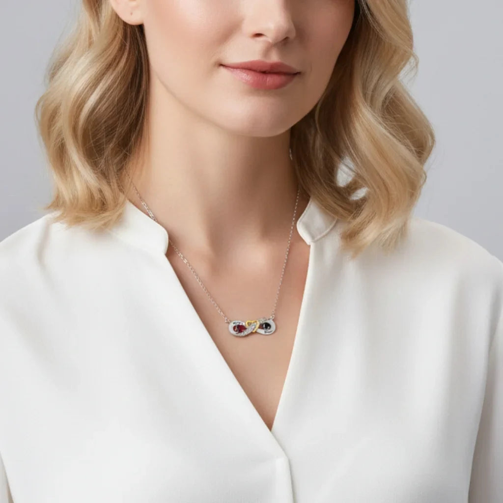 Sterling Silver Personalized Infinity Heart Birthstone Necklace with Engraved Names