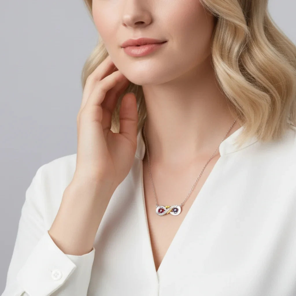 Sterling Silver Personalized Infinity Heart Birthstone Necklace with Engraved Names