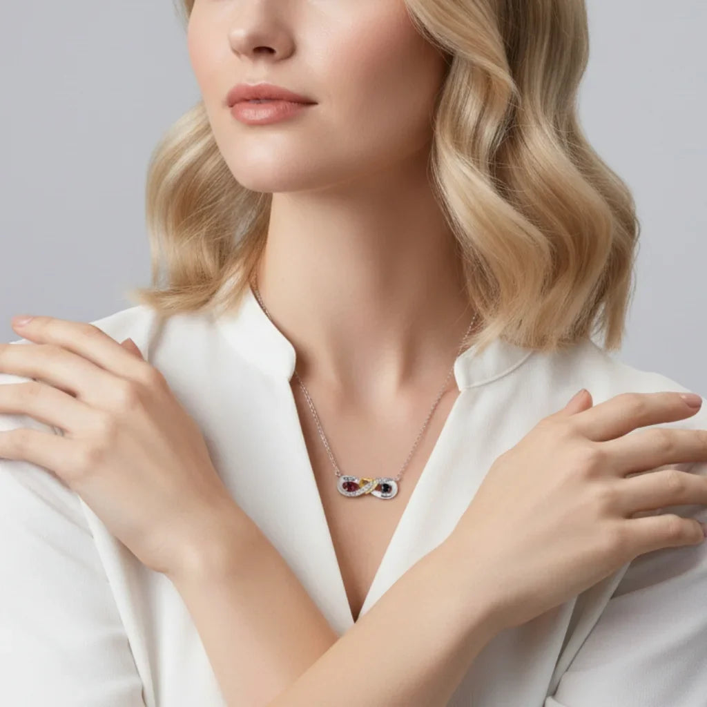 Sterling Silver Personalized Infinity Heart Birthstone Necklace with Engraved Names