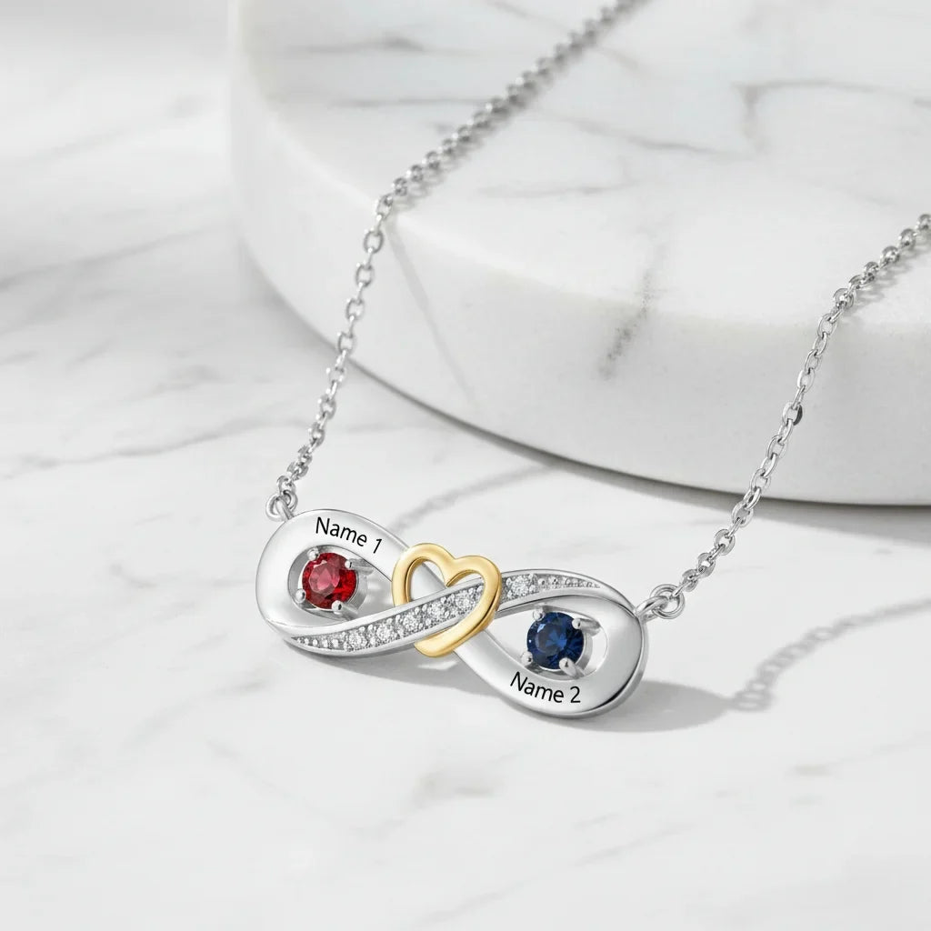 Sterling Silver Personalized Infinity Heart Birthstone Necklace with Engraved Names