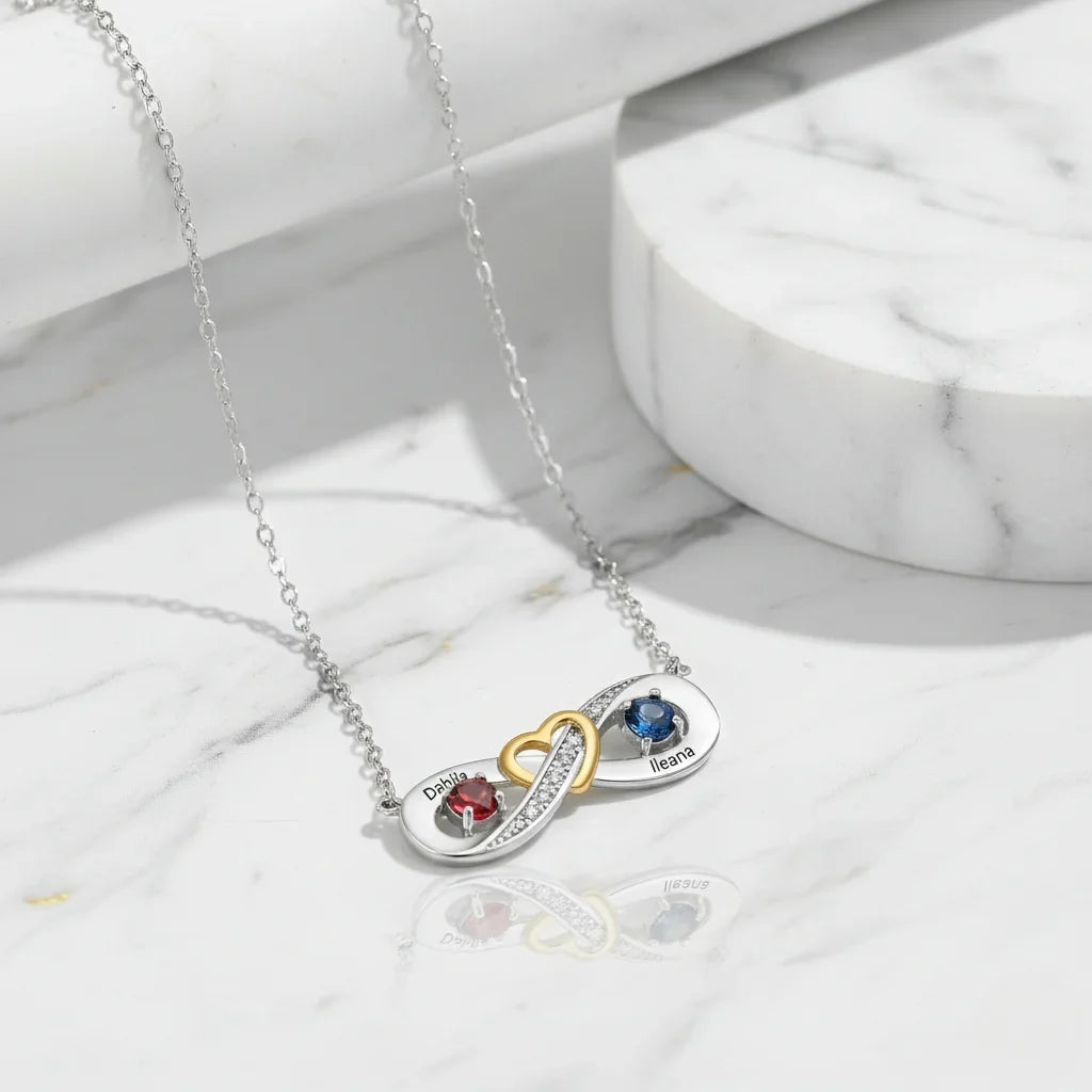 Sterling Silver Personalized Infinity Heart Birthstone Necklace with Engraved Names