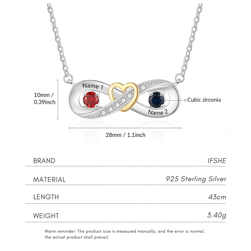 Sterling Silver Personalized Infinity Heart Birthstone Necklace with Engraved Names