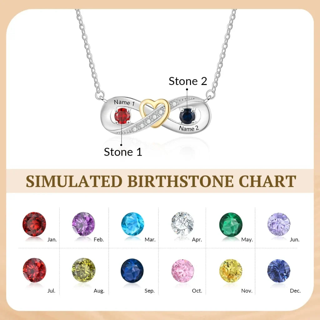 Sterling Silver Personalized Infinity Heart Birthstone Necklace with Engraved Names