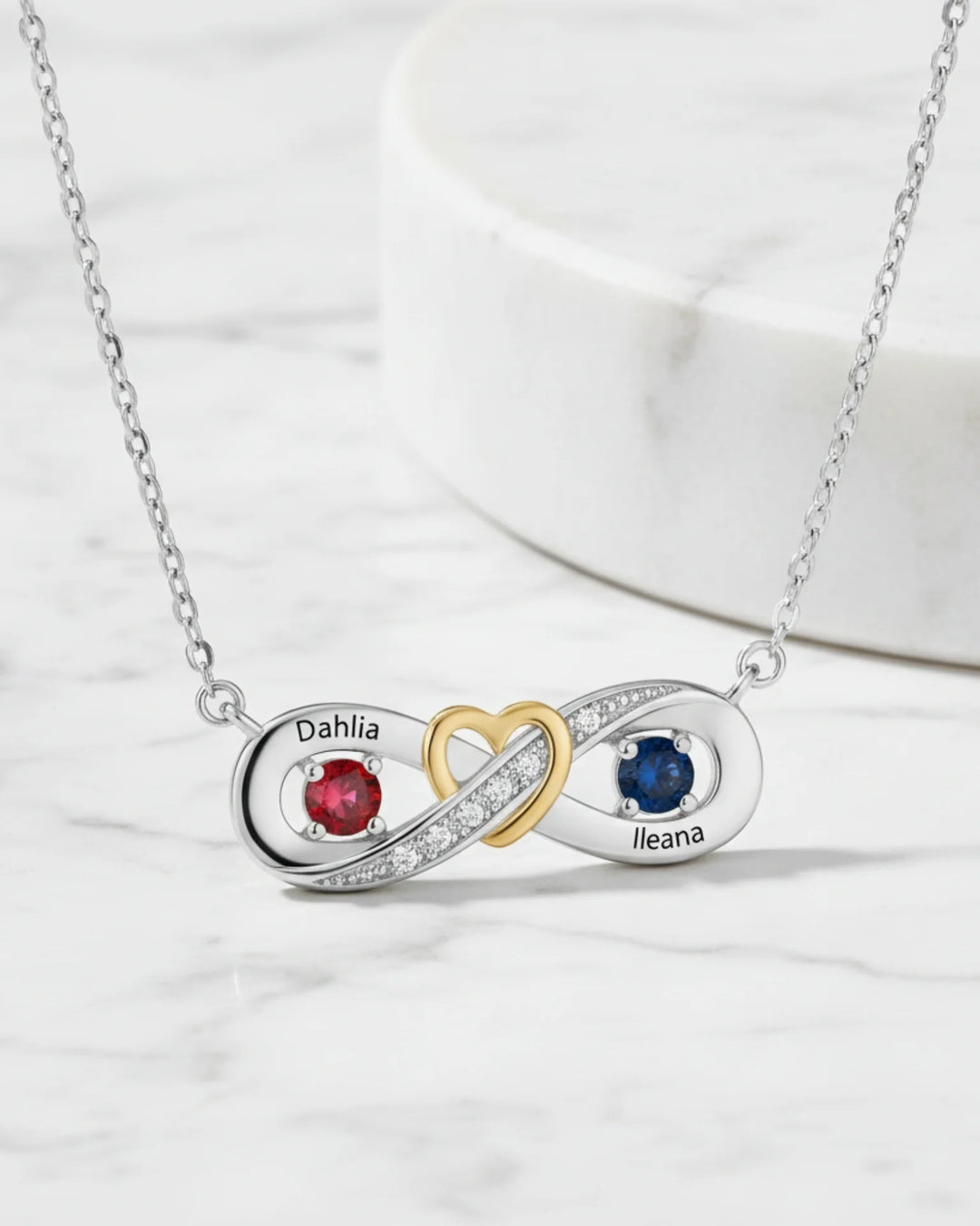 Sterling Silver Personalized Infinity Heart Birthstone Necklace with Engraved Names IfShe