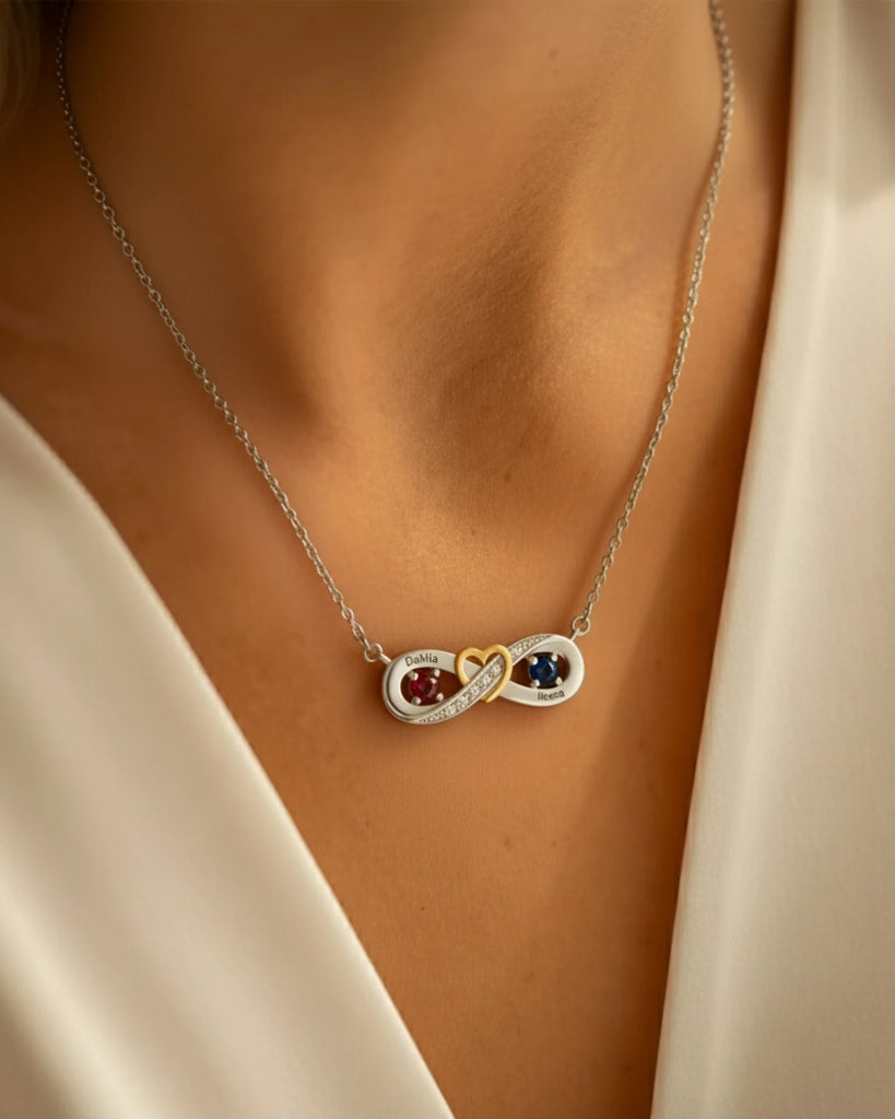Sterling Silver Personalized Infinity Heart Birthstone Necklace with Engraved Names IfShe
