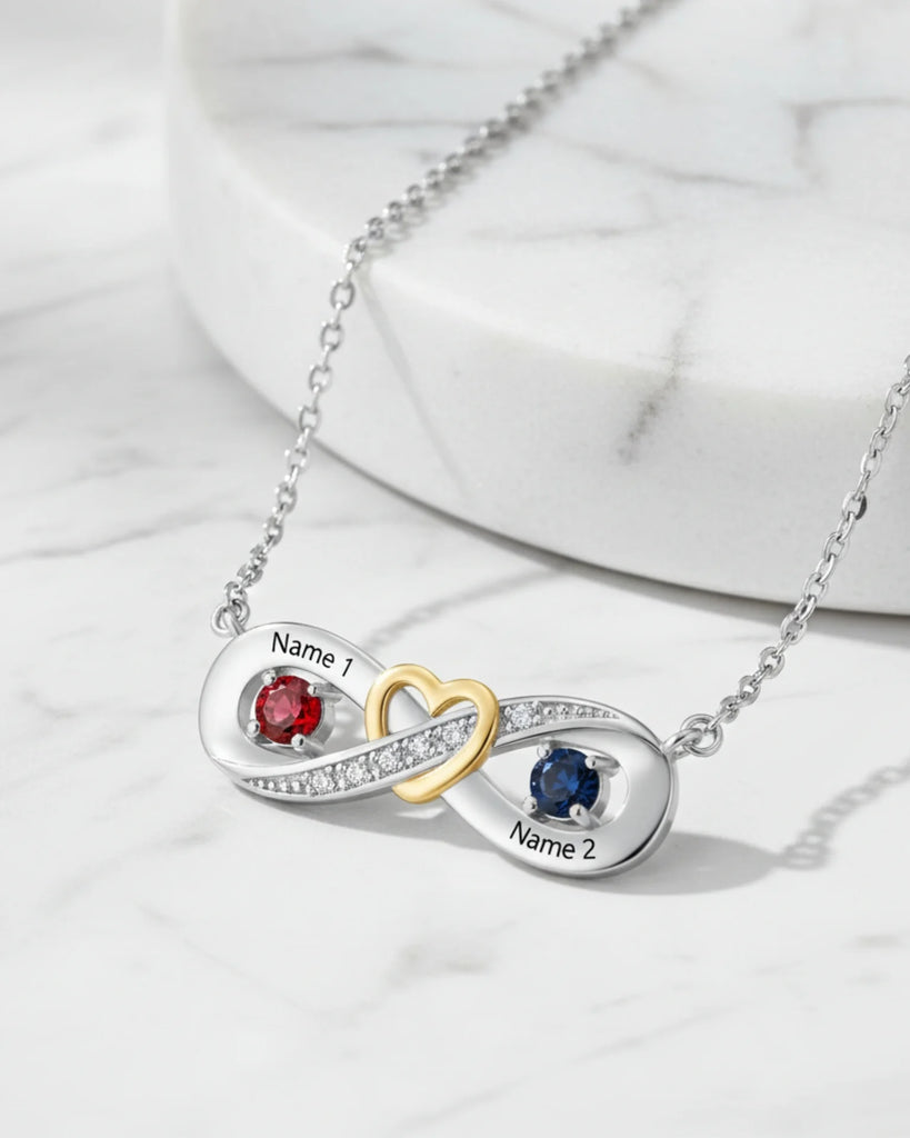 Sterling Silver Personalized Infinity Heart Birthstone Necklace with Engraved Names IfShe