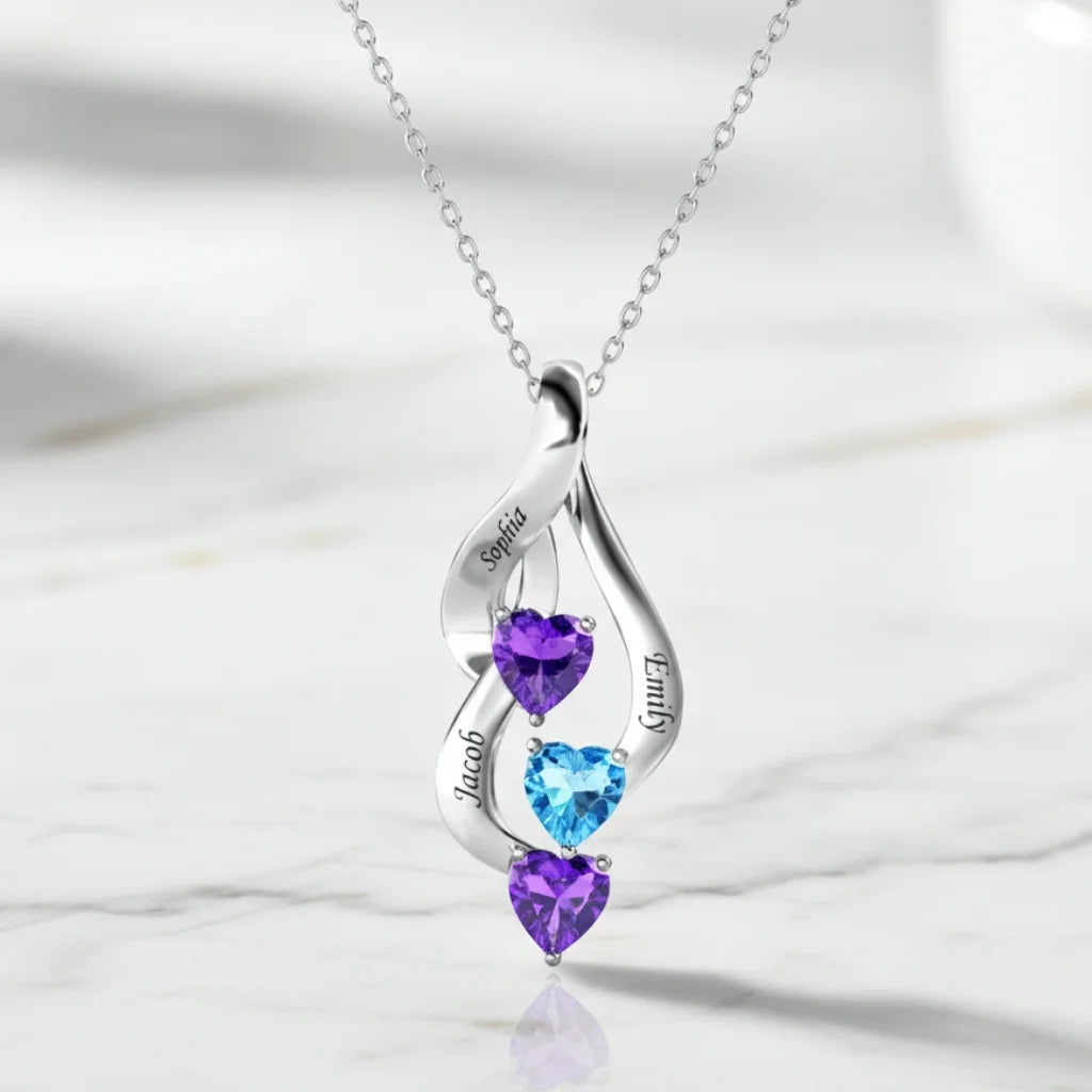 Sterling Silver Personalized Mom Necklace with 3 Engraved Names & Heart Birthstones