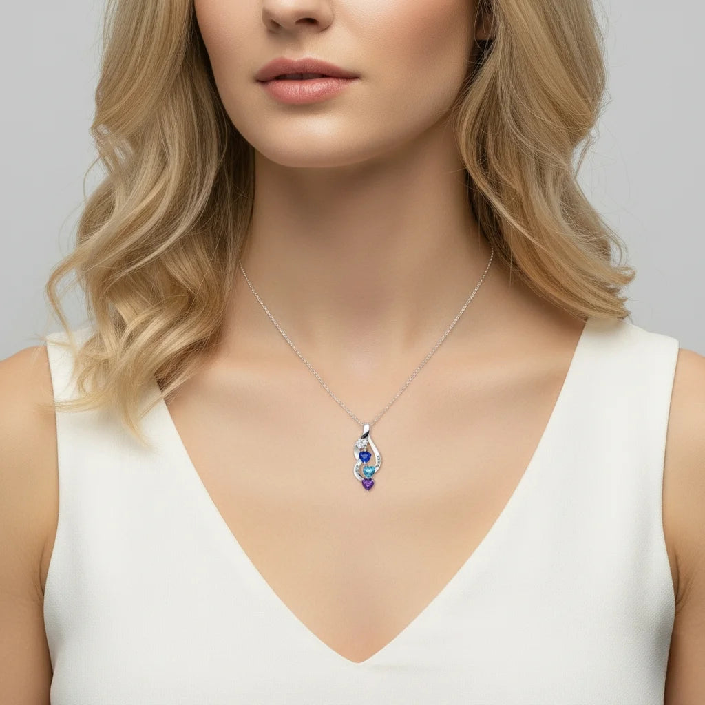 Sterling Silver Personalized Mom Necklace with 3 Engraved Names & Heart Birthstones